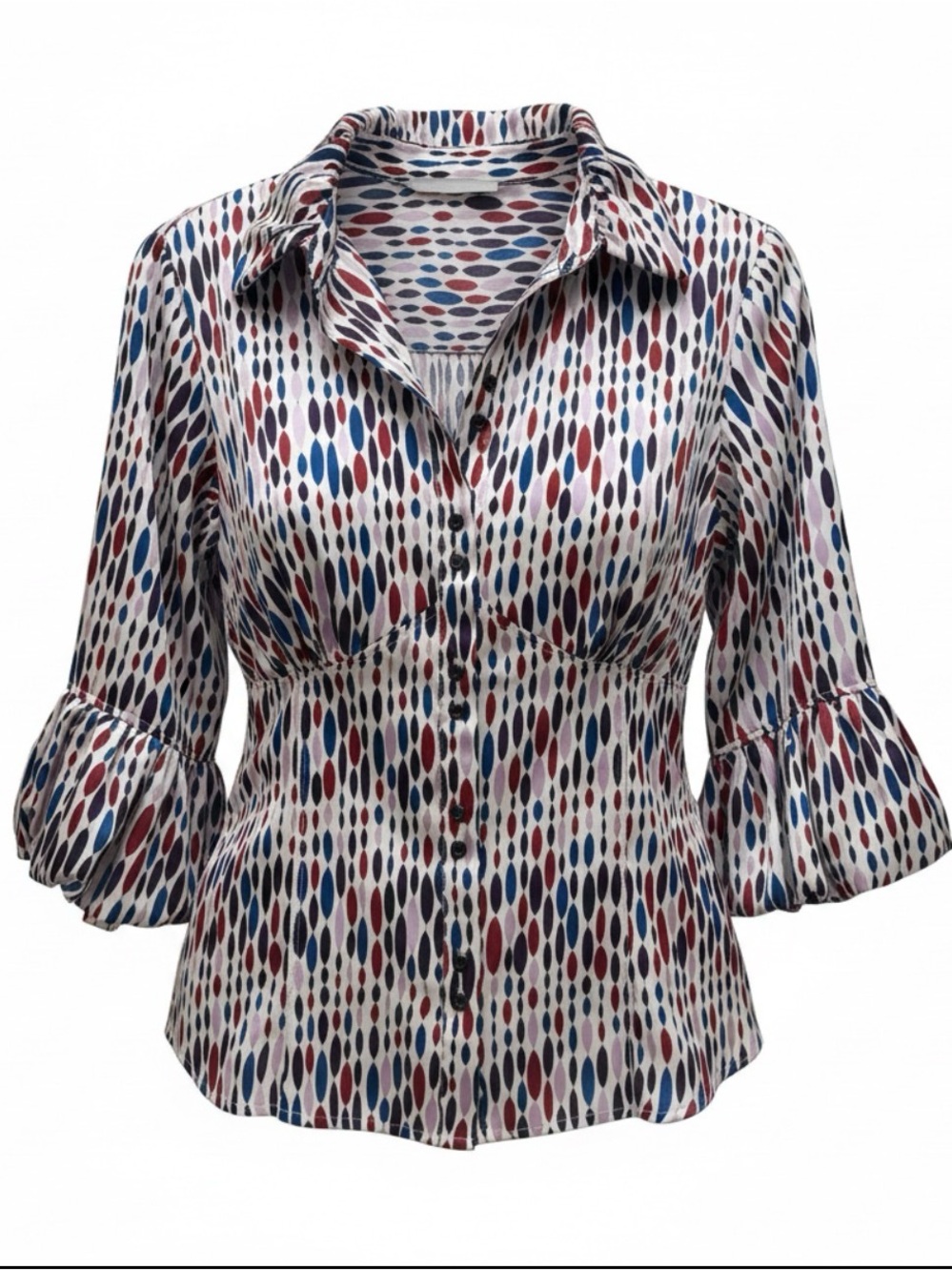 Violet and Claire New York White Blouse with violet, Blue and Burgundy Print